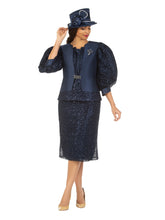 Load image into Gallery viewer, 3pc Puff Slv Lace Combo Skirt Suit w/ Brooch