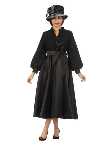 Balloon Slv Lace&Silky Twill A-Line Drs w/ Belt